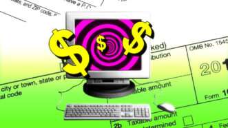 A 1040 form with a computer in the foreground, with zany graphics and dollar signs coming off the screen. | Illustration: Lex Villena; Dawid Swierczek, Boldurevaol