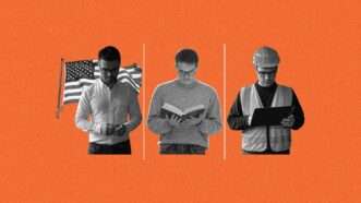 A man in front of an American flag, reading a book, and dressed as a construction worker | llustration: Eddie Marshall | Brandon Seidel | Dreamstime.com | Grok