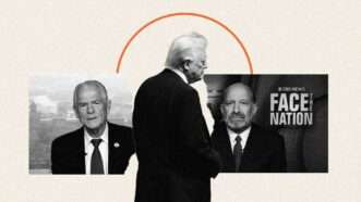 President Donald Trump, surrounded by images of White House advisor Peter Navarro and U.S. Commerce Secretary Howard Lutnick appearing on Sunday morning talk shows. | llustration: Eddie Marshall | CNN | CBS News | Face The Nation | Chris Kleponis | CNP | Newscom